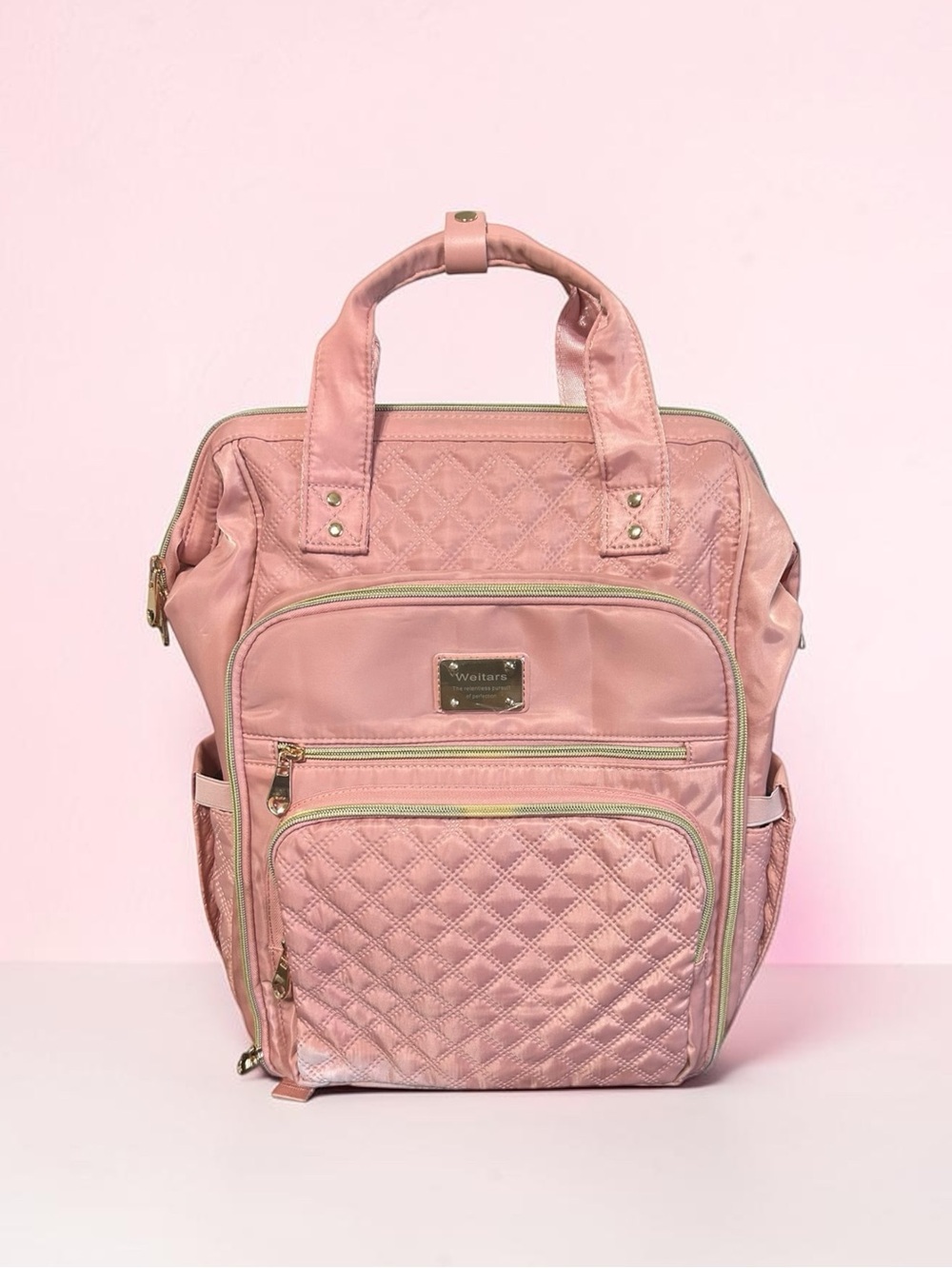 Weitars Pink Quilted Diaper Bag Backpack Large Multi-Pocket Baby Travel Bag.